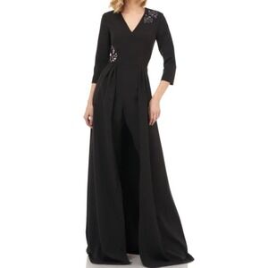 Kay Unger Jumpsuit Womens 6 Black Margherita Crepe Walk Thru Art Deco Formal